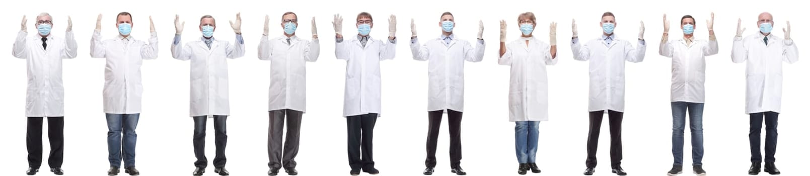 group of doctors in mask isolated on white background