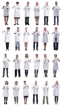 group of doctors holding jar isolated on white background