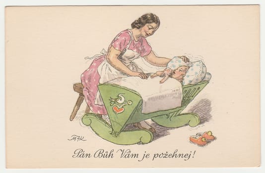 THE CZECHOSLOVAK REPUBLIC - CIRCA 1940: Marie Fischerova-Kvechova - colored drawing, mother sings lullaby. Vintage postcard.