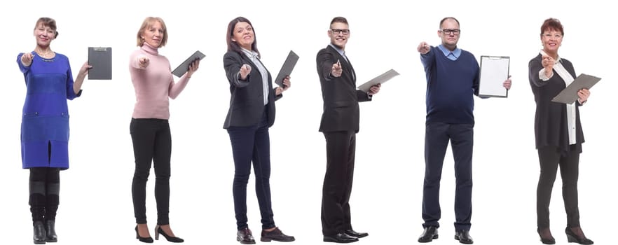 group of successful people with notepad in hands isolated on white background