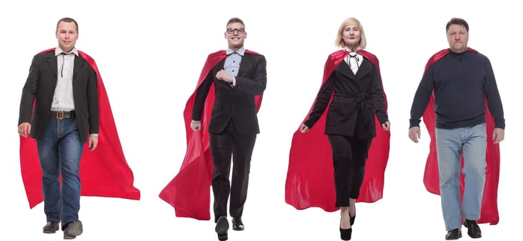 group of people in red raincoat isolated on white background