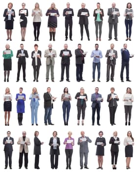 group of people demonstrating tablet looking at camera isolated on white background