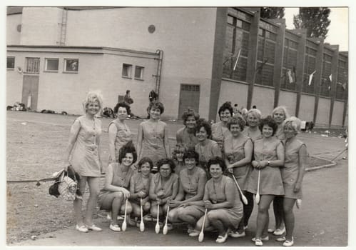 THE CZECHOSLOVAK SOCIALIST REPUBLIC - CIRCA 1970s: Vintage photo shows women prepare to Spartakiada. Spartakiada - a prezentation of health and prosperity of the socialist and communist regime.