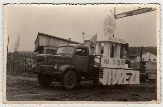 THE CZECHOSLOVAK REPUBLIC - CIRCA 1960s: Vintage photo shows lorry celebrates May Day (International Workers' Day).