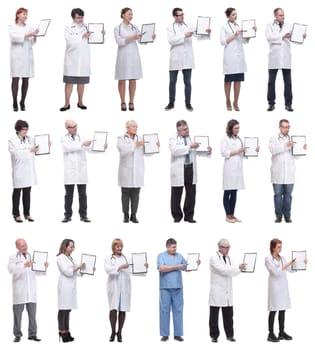 full length group of doctors with notepad isolated on white background