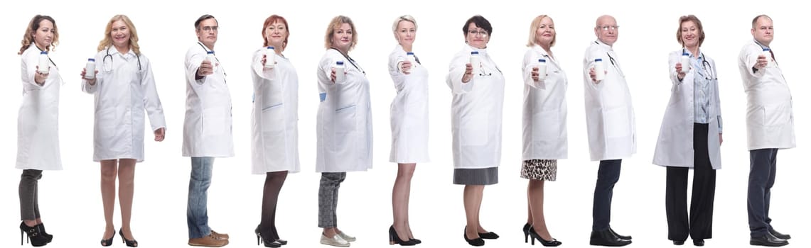 group of doctors holding jar isolated on white background