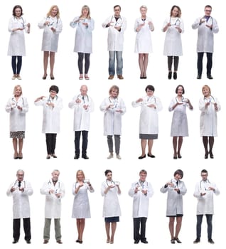 group of doctors holding jar isolated on white background