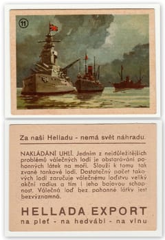 THE CZECHOSLOVAK REPUBLIC - CIRCA 1940: Vintage advertising card. Retro advert is for Hellada - famous producer of laundry soap.
