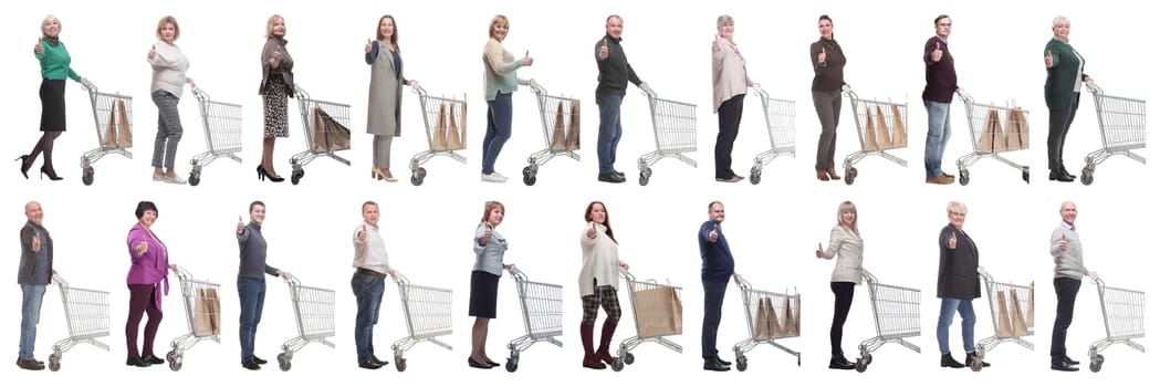a group of people in profile with a basket showing thumbs up on a white background