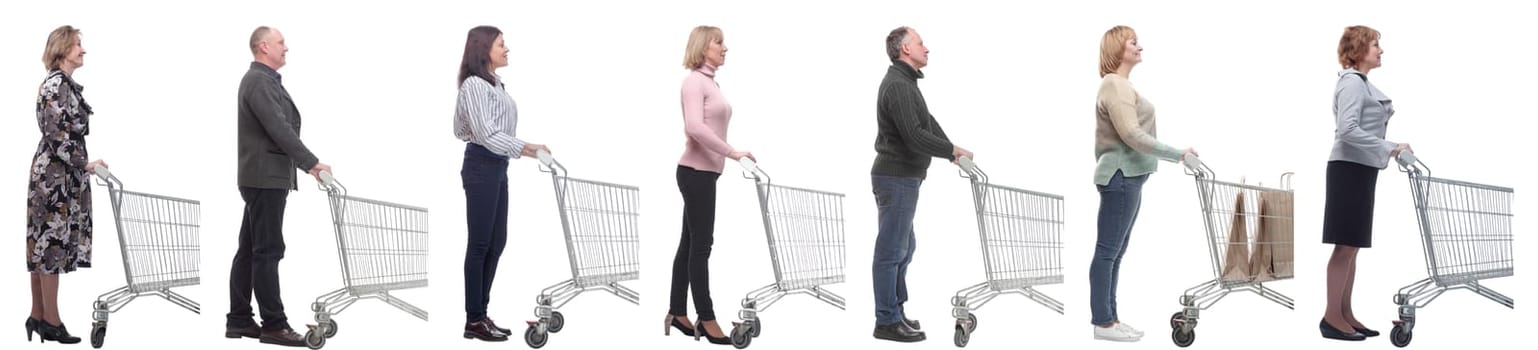 group of people with cart looking ahead isolated on white background