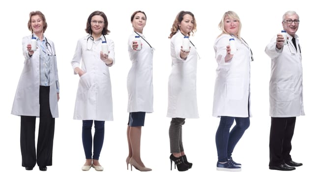 group of doctors holding jar isolated on white background