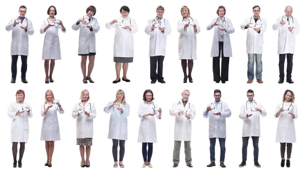 group of doctors holding jar isolated on white background