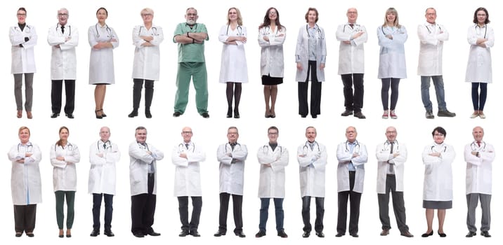 group of doctors in full length isolated on white background