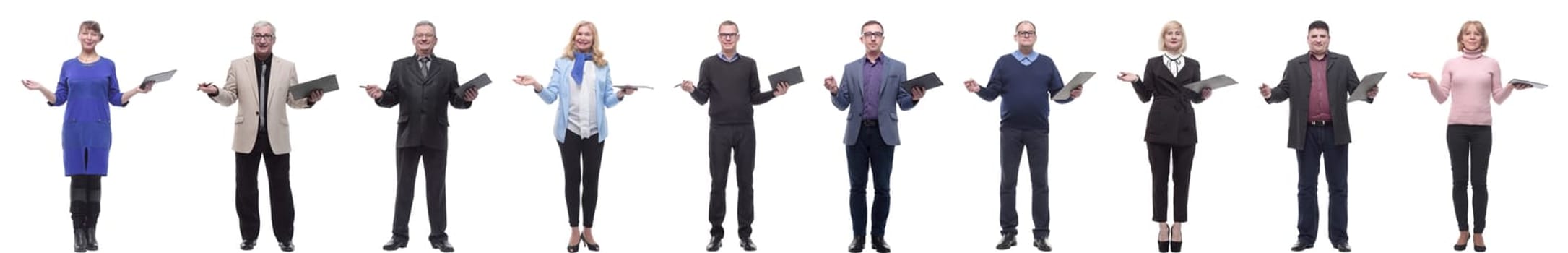 group of successful people with notepad in hands isolated on white background