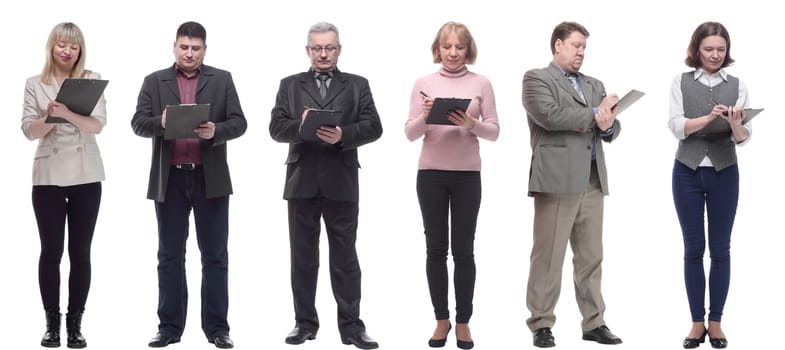 group of successful people with notepad in hands isolated on white background