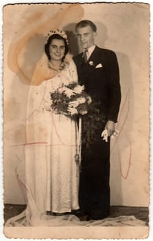 THE CZECHOSLOVAK SOCIALIST REPUBLIC - CIRCA 1950s: Vintage photo of newlyweds