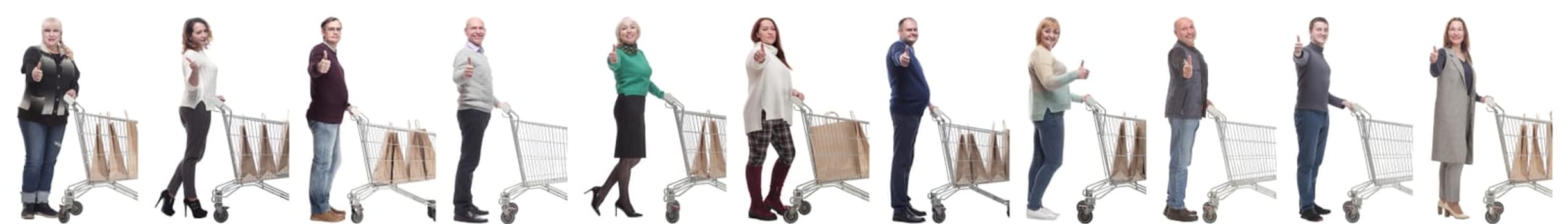 a group of people in profile with a basket showing thumbs up on a white background