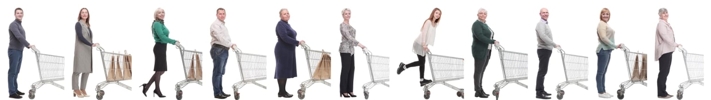 group of people with cart looking at camera isolated on white background