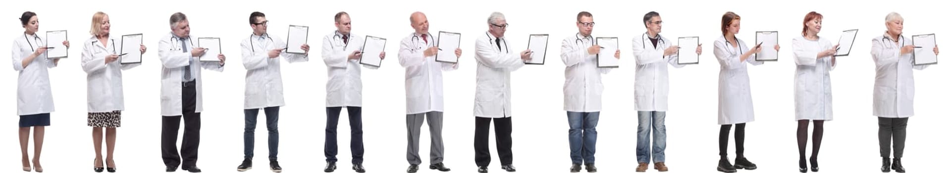 full length group of doctors with notepad isolated on white background