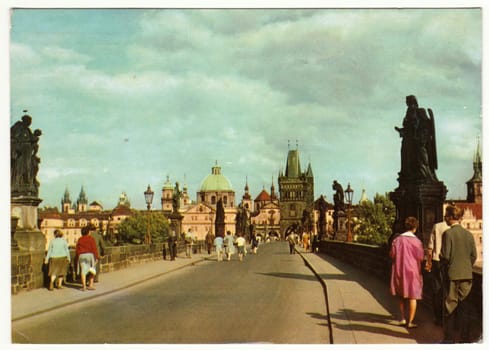 THE CZECHOSLOVAK SOCIALIST REPUBLIC - CIRCA 1965: Vintage postcard shows Charles Bridge in Prague.