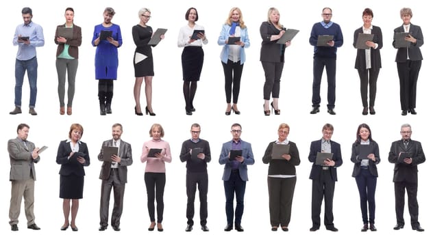 group of successful people with notepad in hands isolated on white background