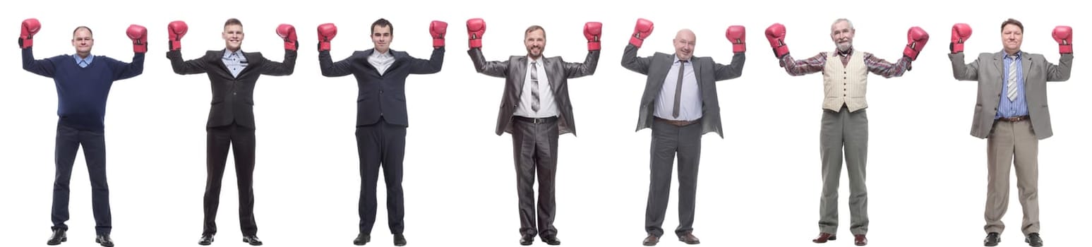 collage of businessmen in boxing gloves isolated on white background