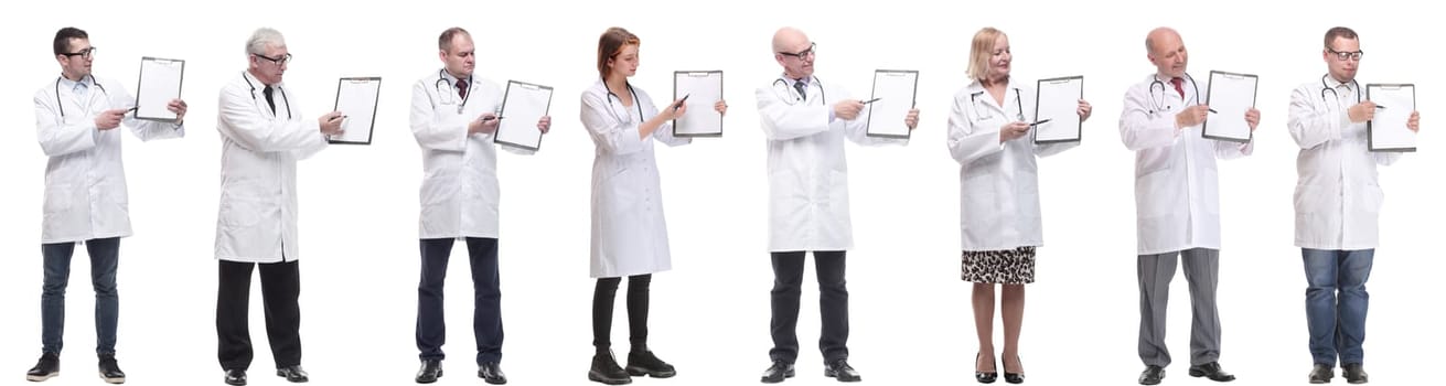 full length group of doctors with notepad isolated on white background