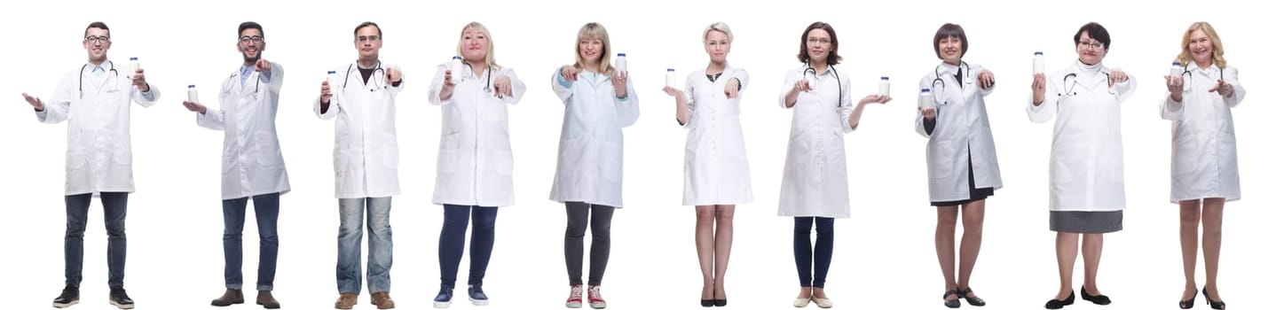 group of doctors holding jar isolated on white background