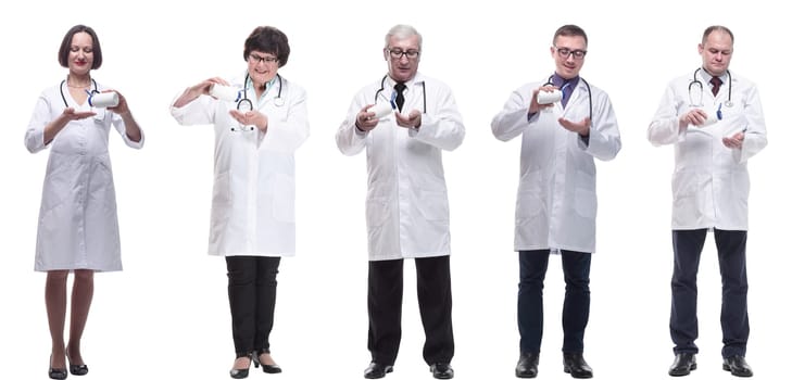 group of doctors holding jar isolated on white background