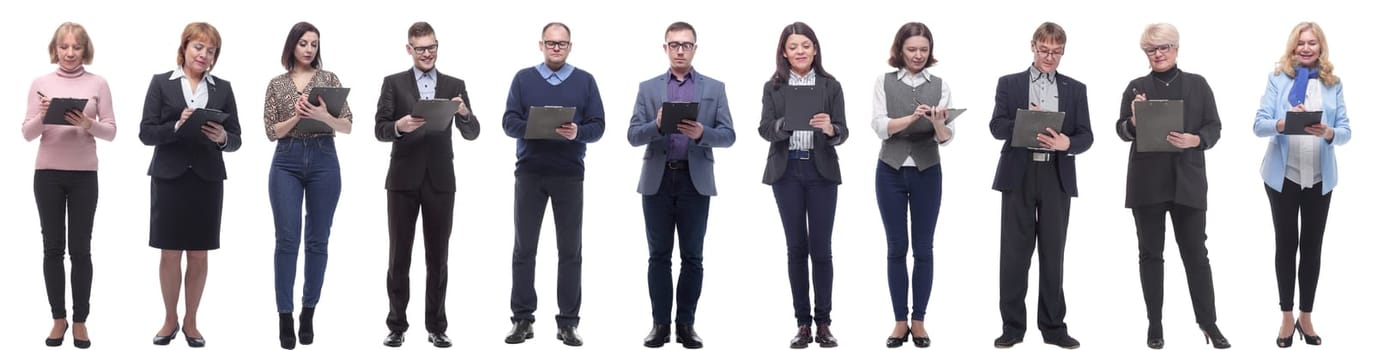 group of successful people with notepad in hands isolated on white background