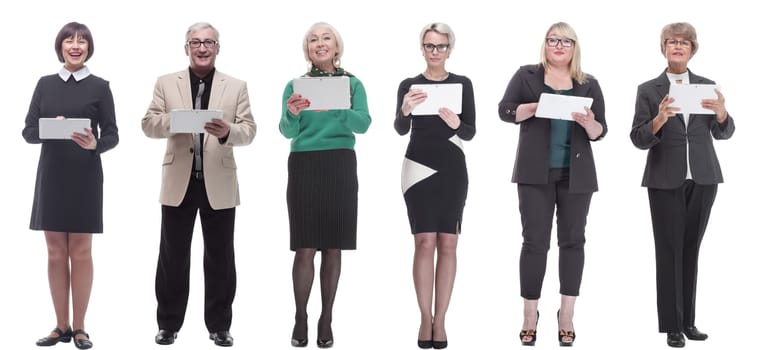 group of people demonstrating tablet looking at camera isolated on white background