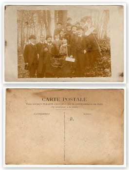 PARIS, FRANCE - CIRCA 1900s: Front and back of vintage photo shows group of people - Czech patriots in France. At the forefront man and woman hold standard with text in Czech: Equality Pariz.