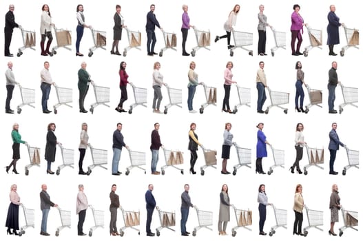 group of people with cart looking at camera isolated on white background