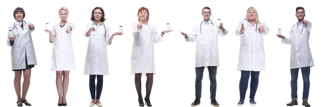 group of doctors holding jar isolated on white background