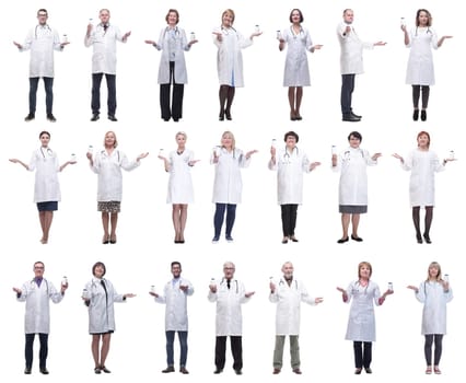 group of doctors holding jar isolated on white background