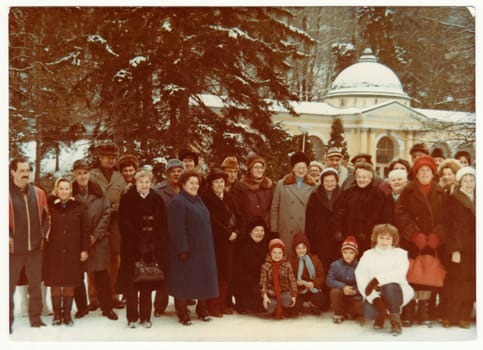 THE CZECHOSLOVAK SOCIALIST REPUBLIC - CIRCA 1980s: Vintage photo shows group of people on winter vacation.