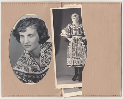 HODONIN, THE CZECHOSLOVAK REPUBLIC - CIRCA 1920s: Vintage photo shows set of photos show woman in a folk costum.