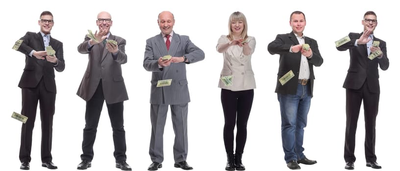 group of successful people holding money in hand isolated on white background