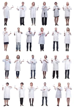 group of doctors holding jar isolated on white background