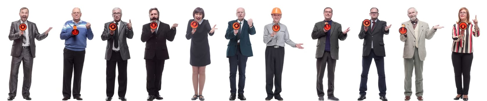 collage of successful architects speaks into a loudspeaker to the camera on a white background.