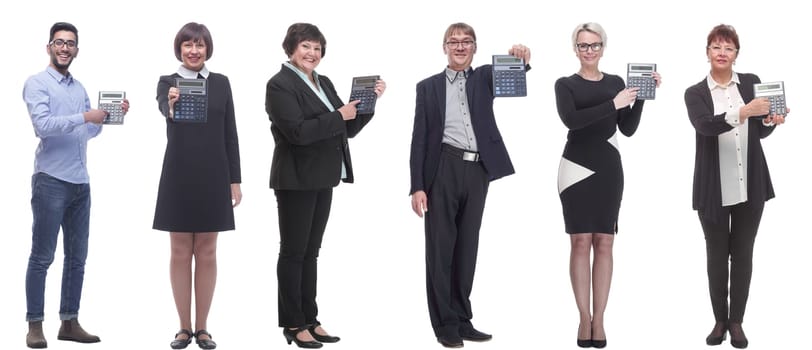 collage of people demonstrate calculator in hand isolated on white background