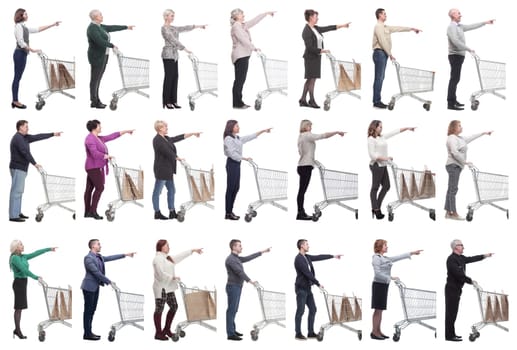 a group of people with a shopping cart point their fingers in front of them on a white background