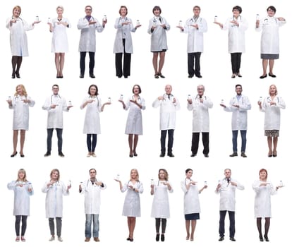 group of doctors holding jar isolated on white background