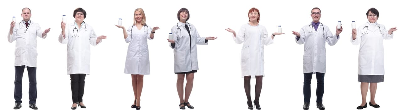 group of doctors holding jar isolated on white background