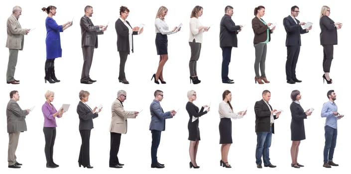 group of people holding tablet and looking ahead isolated on white background