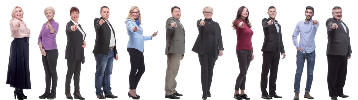 group of business people showing finger at camera isolated on white background