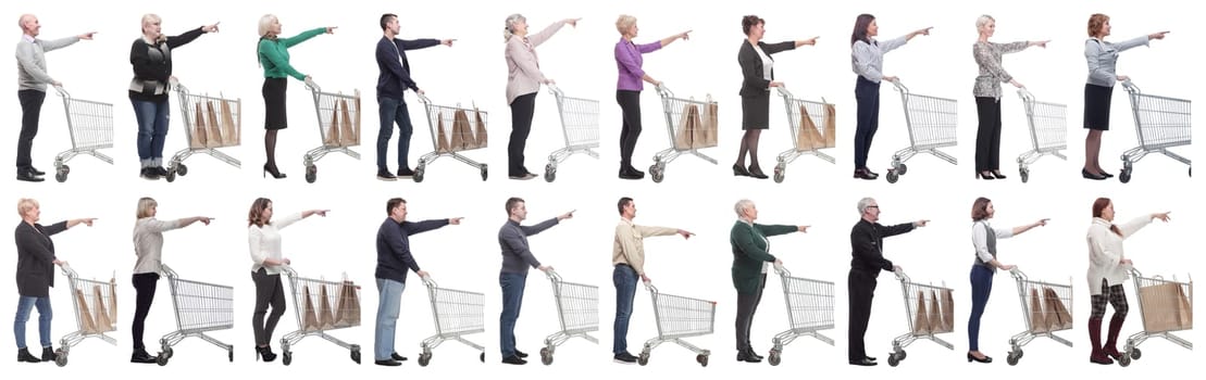 a group of people with a shopping cart point their fingers in front of them on a white background