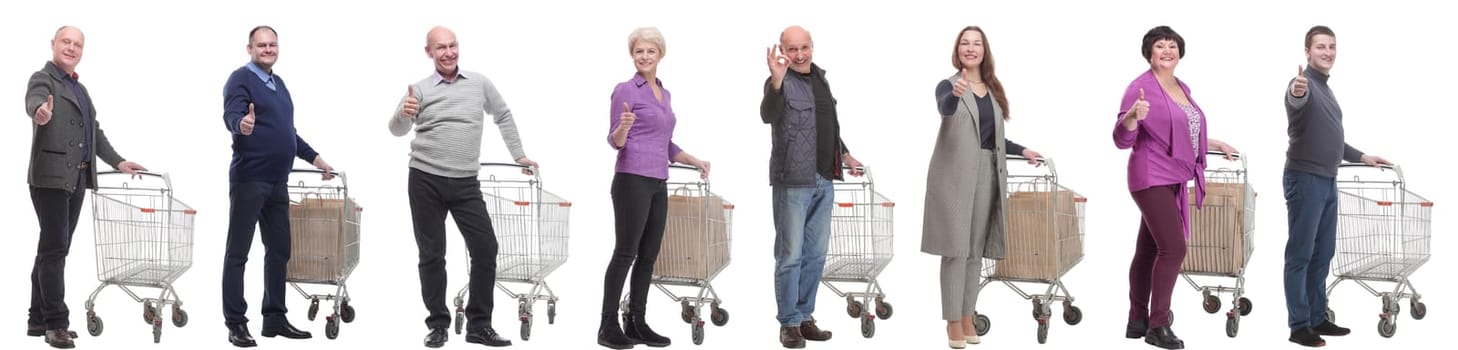 group of people with cart showing thumbs up isolated on white background