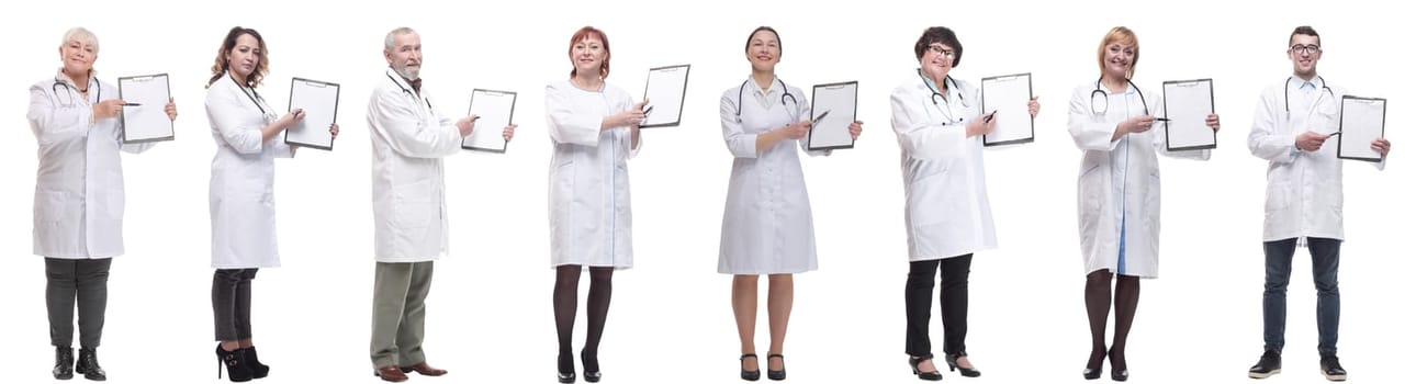 full length group of doctors with notepad isolated on white background