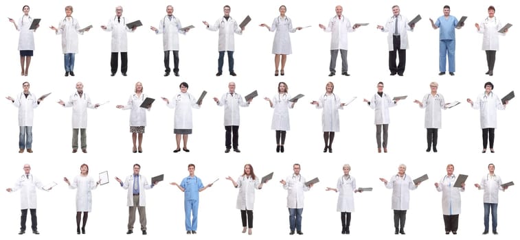 full length group of doctors with notepad isolated on white background